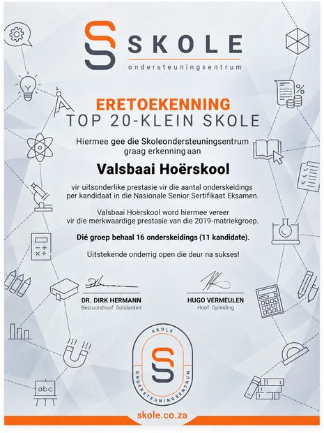 Skoleondersteuningsentrum Top 20 Klein Skole certificate to Valsbaai Hoërskool for 16 distinctions from 11 candidates in 2019