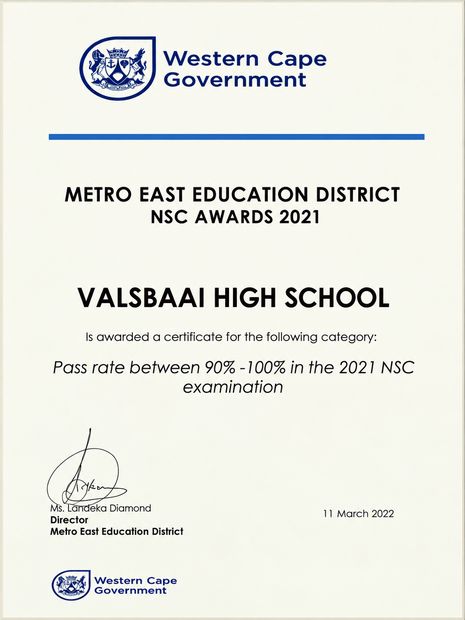 Metro East Education District NSC Awards 2021 certificate to Valsbaai High School for a pass rate between 90 and 100 percent