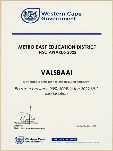 Metro East Education District NSC Awards 2022 certificate to Valsbaai for a pass rate between 90 and 100 percent