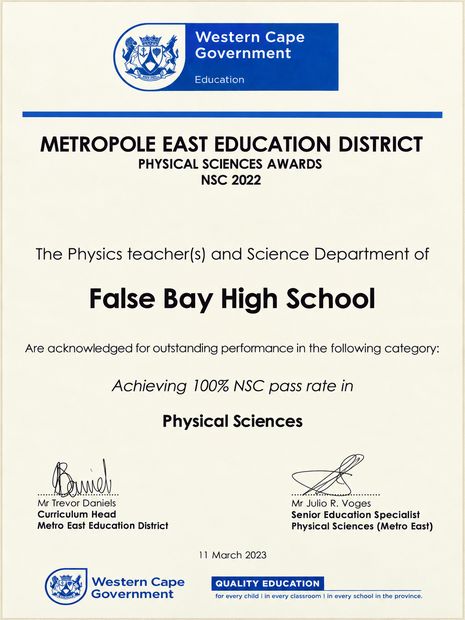 Metropole East Education District Physical Sciences Award NSC 2022 to the physics teachers and science department of False Bay High School for a 100 percent pass rate
