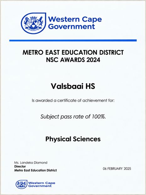Metro East Education District NSC Awards 2024 certificate to Valsbaai HS for a 100 percent subject pass rate in Physical Sciences