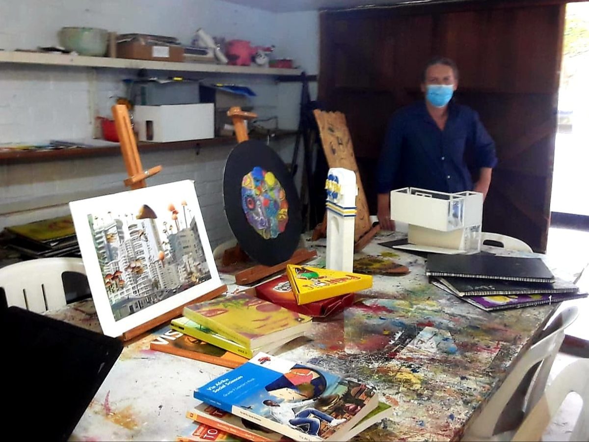 The art room at False Bay High School, with learners' work in progress